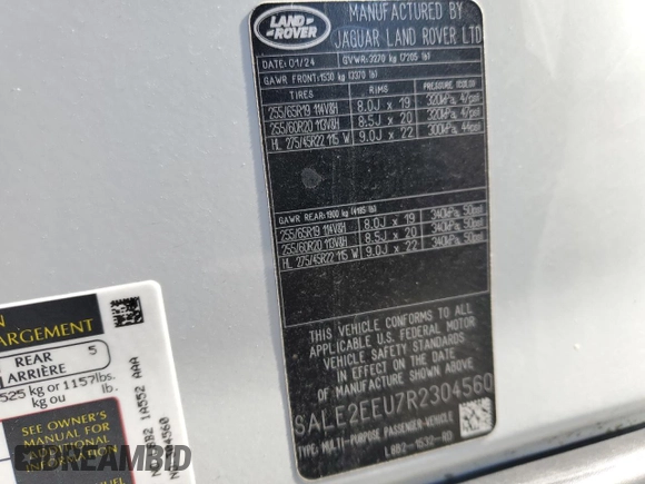 2024 Land Rover Defender X-Dynamic SE with VIN SALE2EEU7R2304560, listed as a Copart auction lot 47062695 with 5,495 mi miles and Salvage title. Bid and sale history available at DreamBid. Image 14.