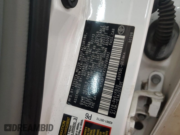 2013 Toyota Camry L with VIN 4T4BF1FK7DR289982, listed as a Copart auction lot 55212895 with 93,799 mi miles and Salvage Title. Bid and sale history available at DreamBid. Image 12.