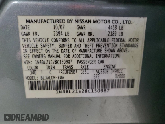 2008 Nissan Altima 3.5 SE with VIN 1N4BL21E28C150987, listed as a Copart auction lot 48002375 with 191,246 mi miles and Salvage Title. Bid and sale history available at carsss.com. Image 14.