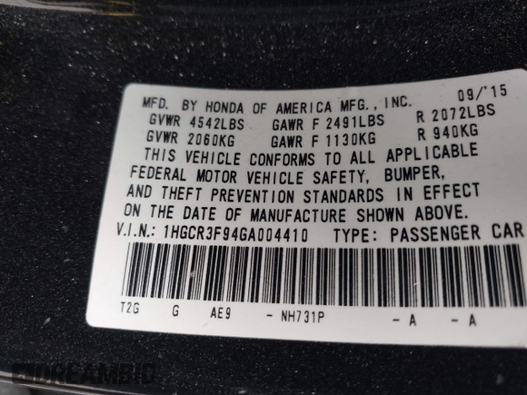 2016 Honda Accord Touring with VIN 1HGCR3F94GA004410, listed as a IAAI auction lot 42288402 with 139,068 mi miles and . Bid and sale history available at DreamBid. Image 9.
