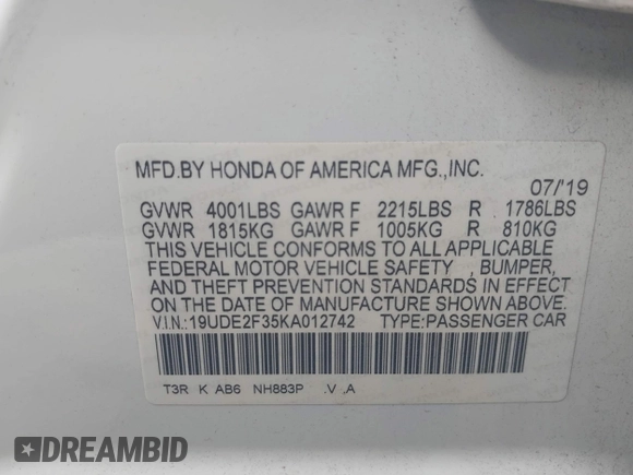 2019 Acura ILX with VIN 19UDE2F35KA012742, listed as a IAAI auction lot 41174157 with 39,000 mi miles. Bid and sale history available at carsss.com. Image 9.
