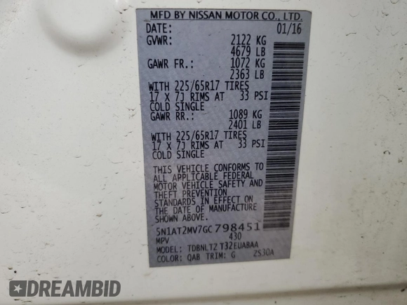 2016 Nissan Rogue SL with VIN 5N1AT2MV7GC798451, listed as a Copart auction lot 49814165 with 115,203 mi miles and Salvage Title. Bid and sale history available at DreamBid. Image 13.