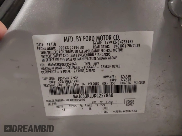 2019 Ford EcoSport Titanium with VIN MAJ6S3KL0KC257860, listed as a IAAI auction lot 41803984 with 120,529 mi miles and . Bid and sale history available at DreamBid. Image 9.