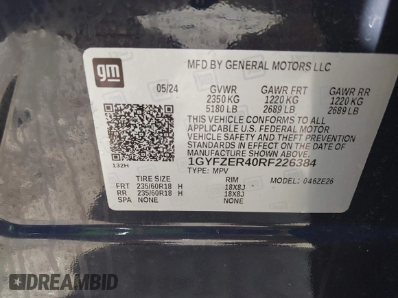 2024 Cadillac XT4 FWD Sport with VIN 1GYFZER40RF226384, listed as a IAAI auction lot 42220804 with 8,743 mi miles and . Bid and sale history available at DreamBid. Image 9.