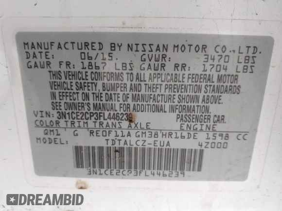 2015 Nissan Note SV with VIN 3N1CE2CP3FL446239, listed as a IAAI auction lot 41835005 with 60,357 mi miles and . Bid and sale history available at DreamBid. Image 9.