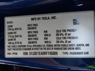 2024 Tesla Model 3 with VIN 5YJ3E1EA0RF745089, listed as a IAAI auction lot 41980217 with 9,851 mi miles and . Bid and sale history available at DreamBid. Image 9.