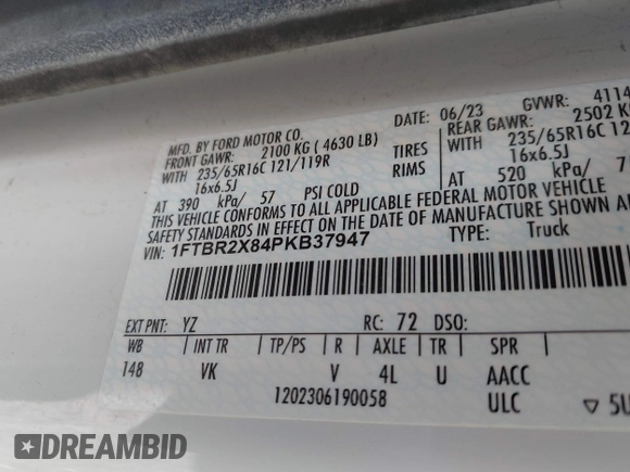 2023 Ford Transit Cargo with VIN 1FTBR2X84PKB37947, listed as a IAAI auction lot 41750849 with 58,114 mi miles and . Bid and sale history available at DreamBid. Image 9.