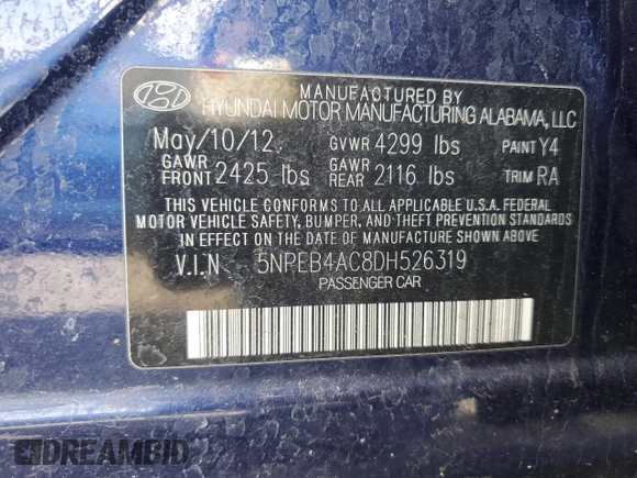 2013 Hyundai Sonata GLS z VIN 5NPEB4AC8DH526319, wystawiony jako Copart lot #50889695 z przebiegiem 99 512 mil mil oraz Szkoda całkowita • Salvage title. Historia ofert i sprzedaży dostępna na DreamBid. Obrazek 12.