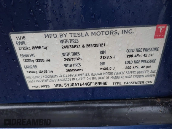 2016 Tesla Model S 90D with VIN 5YJSA1E44GF169960, listed as a IAAI auction lot 41523807 with 124,738 mi miles and . Bid and sale history available at DreamBid. Image 9.