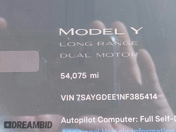 2022 Tesla Model Y Long Range z VIN 7SAYGDEE1NF385414, wystawiony jako IAAI lot #41660542 z przebiegiem 54 075 mil mil oraz . Historia ofert i sprzedaży dostępna na DreamBid. Obrazek 15.