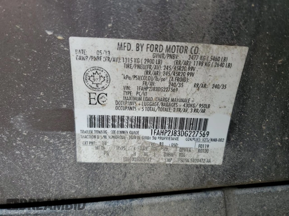 2013 Ford Taurus Limited with VIN 1FAHP2J83DG227569, listed as a Copart auction lot 54436865 with 165,957 mi miles and Clean title. Bid and sale history available at DreamBid. Image 12.