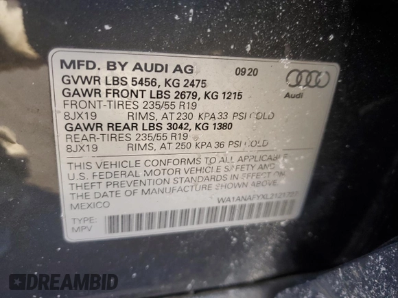 2020 Audi Q5 Premium with VIN WA1ANAFYXL2121727, listed as a Copart auction lot 43209445 with 51,845 mi miles and Salvage Title. Bid and sale history available at carsss.com. Image 13.
