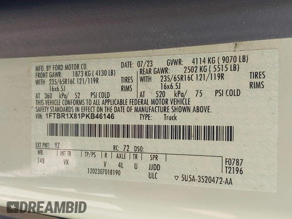 2023 Ford Transit Cargo with VIN 1FTBR1X81PKB46146, listed as a IAAI auction lot 42180262 with 75,169 mi miles and . Bid and sale history available at DreamBid. Image 9.