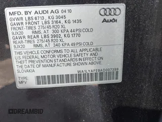 2010 Audi Q7 Premium Plus with VIN WA1LYAFE9AD007399, listed as a IAAI auction lot 42861126 with 147,855 mi miles and . Bid and sale history available at DreamBid. Image 9.