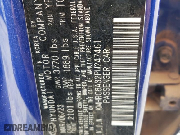2023 Hyundai Venue SEL with VIN KMHRC8A32PU247461, listed as a Copart auction lot 59963175 with 39,036 mi miles and Salvage title. Bid and sale history available at DreamBid. Image 14.