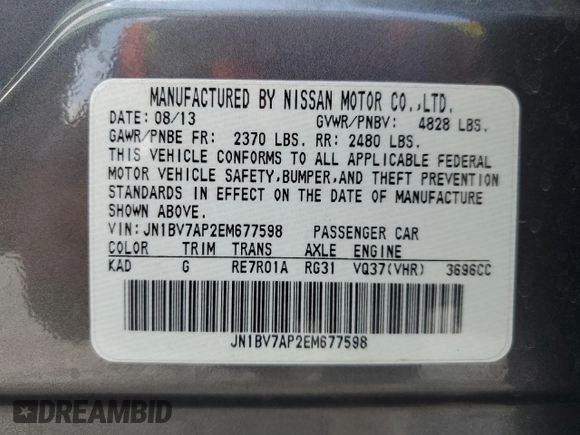 2014 Infiniti Q50 Sport with VIN JN1BV7AP2EM677598, listed as a Copart auction lot 53562495 with 162,310 mi miles and Clean title. Bid and sale history available at DreamBid. Image 12.