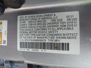 2021 Honda Pilot Elite with VIN 5FNYF6H00MB085678, listed as a IAAI auction lot 41783075 with Not Provided miles and . Bid and sale history available at DreamBid. Image 9.