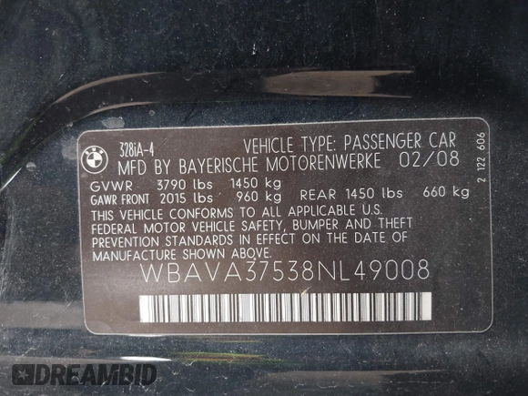 2008 BMW 3 Series 328i with VIN WBAVA37538NL49008, listed as a IAAI auction lot 42446294 with 160,645 mi miles and . Bid and sale history available at DreamBid. Image 9.