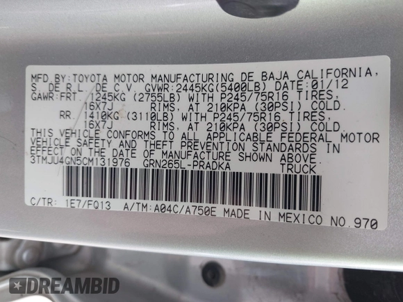 2012 Toyota Tacoma PreRunner z VIN 3TMJU4GN5CM131976, wystawiony jako IAAI lot #42213150 z przebiegiem 134 649 mil mil oraz . Historia ofert i sprzedaży dostępna na DreamBid. Obrazek 9.