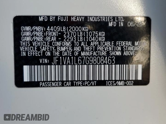 2016 Subaru WRX Limited with VIN JF1VA1L67G9808463, listed as a Copart auction lot 43502945 with 101,683 mi miles and Salvage Title. Bid and sale history available at DreamBid. Image 12.