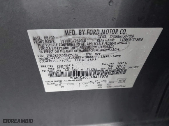 2010 Ford Flex SEL with VIN 2FMGK5CC3ABA25076, listed as a IAAI auction lot 41912636 with 199,070 mi miles. Bid and sale history available at carsss.com. Image 9.