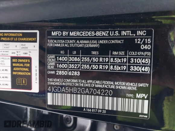 2016 Mercedes-Benz GLE 350 with VIN 4JGDA5HB2GA704220, listed as a IAAI auction lot 42444382 with 103,433 mi miles and . Bid and sale history available at DreamBid. Image 9.