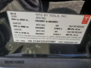 2018 Tesla Model S 75D with VIN 5YJSA1E2XJF272807, listed as a Copart auction lot 51968695 with 21,156 mi miles and Non repairable. Bid and sale history available at DreamBid. Image 12.