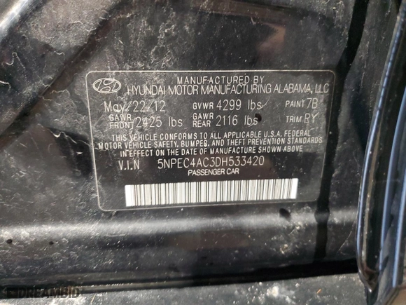 2013 Hyundai Sonata SE with VIN 5NPEC4AC3DH533420, listed as a Copart auction lot 51629225 with 152,029 mi miles and Clean Title. Bid and sale history available at carsss.com. Image 12.
