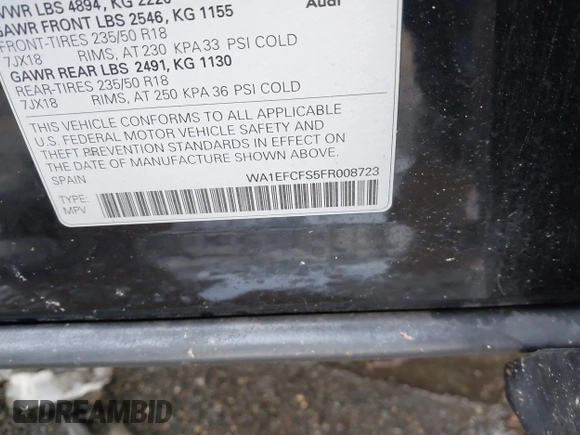 2015 Audi Q3 Premium Plus with VIN WA1EFCFS5FR008723, listed as a IAAI auction lot 41472323 with 112,709 mi miles and . Bid and sale history available at DreamBid. Image 8.