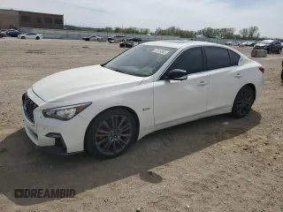 2019 Infiniti Q50 Red Sport 400 with VIN JN1FV7AR6KM830479, listed as a Copart auction lot 53126555 with 115,899 mi miles and Salvage title. Bid and sale history available at DreamBid. Image 1.