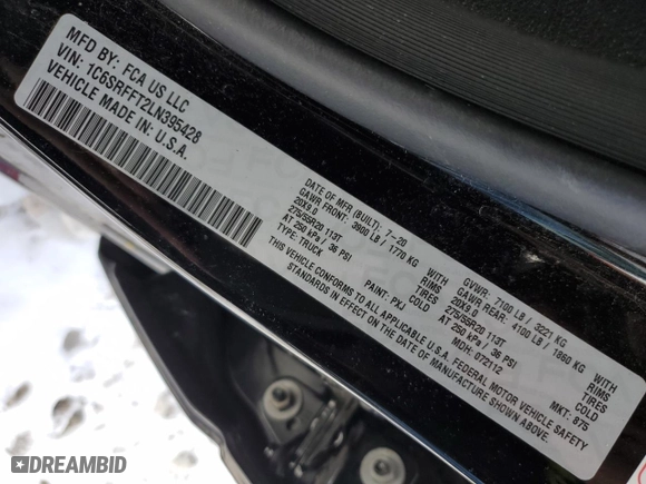 2020 Ram 1500 Big Horn with VIN 1C6SRFFT2LN395428, listed as a Copart auction lot 46041675 with 44,411 mi miles and Salvage Title. Bid and sale history available at carsss.com. Image 12.