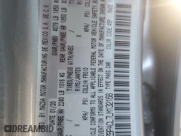 2020 Mazda 3 Select with VIN 3MZBPACL7LM132168, listed as a Copart auction lot 43994895 with Not Provided miles and Salvage Title. Bid and sale history available at carsss.com. Image 12.