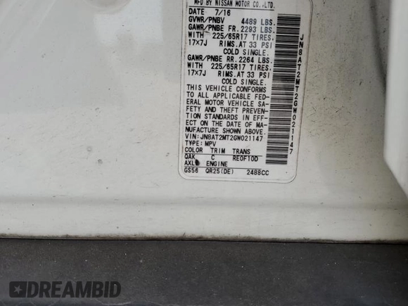 2016 Nissan Rogue S with VIN JN8AT2MT2GW021147, listed as a Copart auction lot 41972655 with 60,238 mi miles and Clean Title. Bid and sale history available at DreamBid. Image 15.