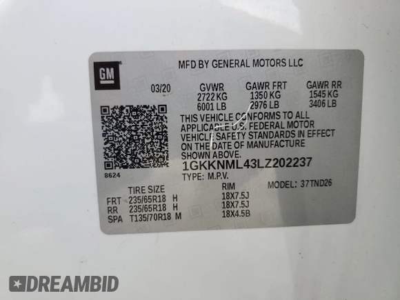 2020 GMC Acadia SLT with VIN 1GKKNML43LZ202237, listed as a Copart auction lot 78575164 with 55,294 mi miles and Salvage Title. Bid and sale history available at DreamBid. Image 13.