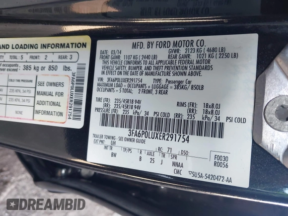 2014 Ford Fusion SE Hybrid with VIN 3FA6P0LUXER291754, listed as a IAAI auction lot 42415936 with 154,474 mi miles and . Bid and sale history available at DreamBid. Image 9.