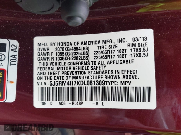 2013 Honda CR-V EX-L with VIN 5J6RM4H7XDL061309, listed as a IAAI auction lot 42628117 with 88,420 mi miles and . Bid and sale history available at DreamBid. Image 9.