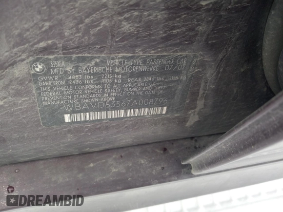 2007 BMW 3 Series 335xi with VIN WBAVD53567A008796, listed as a Copart auction lot 77637554 with 101,713 mi miles and Salvage Title. Bid and sale history available at carsss.com. Image 13.