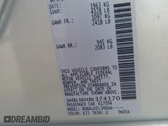 2024 Nissan Altima 2.5 S with VIN 1N4BL4BVXRN374170, listed as a Copart auction lot 49139305 with 37,840 mi miles and Salvage Title. Bid and sale history available at carsss.com. Image 13.
