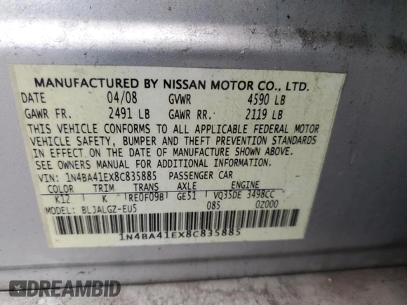 2008 Nissan Maxima 3.5 SE with VIN 1N4BA41EX8C835885, listed as a Copart auction lot 35786353 with 141,328 mi miles and Non Repairable. Bid and sale history available at carsss.com. Image 12.