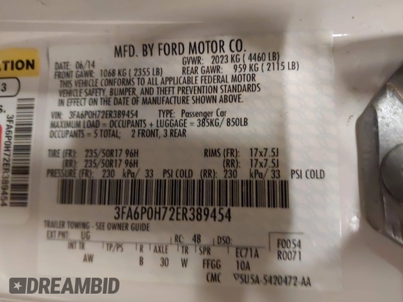 2014 Ford Fusion SE with VIN 3FA6P0H72ER389454, listed as a IAAI auction lot 41148513 with Not Provided miles and . Bid and sale history available at DreamBid. Image 9.