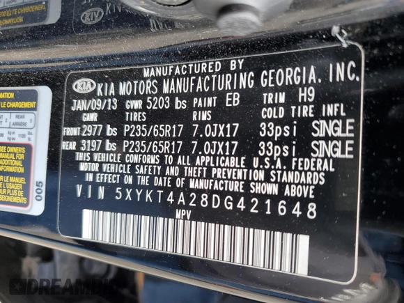 2013 Kia Sorento LX с VIN 5XYKT4A28DG421648, выставлен на аукционе Copart как лот 55887275 с пробегом 173 113 миль миль и Списание • Salvage title. История ставок и продаж доступна на DreamBid. Изображение 13.