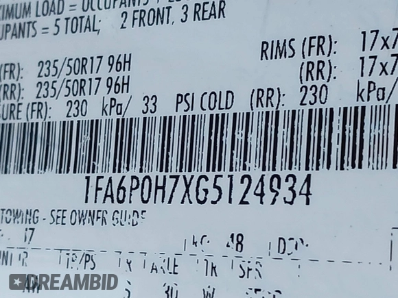 2016 Ford Fusion SE with VIN 1FA6P0H7XG5124934, listed as a IAAI auction lot 40759534 with 107,953 mi miles and . Bid and sale history available at DreamBid. Image 9.