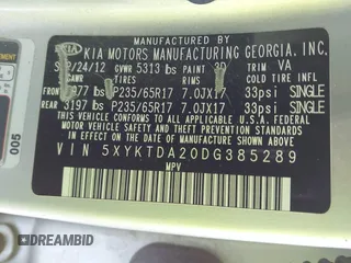 2013 Kia Sorento LX with VIN 5XYKTDA20DG385289, listed as a IAAI auction lot 41370458 with 107,216 mi miles and . Bid and sale history available at DreamBid. Image 9.
