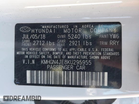 2019 Genesis G80 3.8L with VIN KMHGN4JE8KU295955, listed as a Copart auction lot 80874734 with 48,309 mi miles and Salvage title. Bid and sale history available at DreamBid. Image 13.