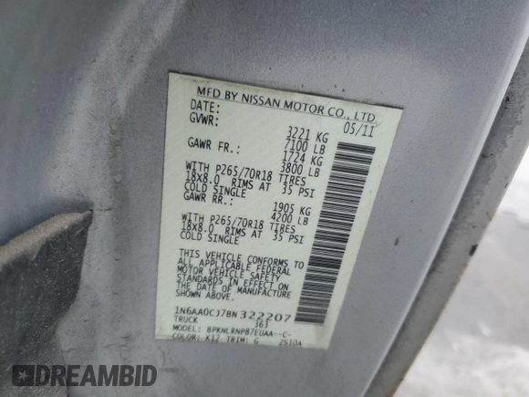 2011 Nissan Titan S z VIN 1N6AA0CJ7BN322207, wystawiony jako Copart lot #77558164 z przebiegiem 177 105 mil mil oraz Szkoda całkowita • Salvage title. Historia ofert i sprzedaży dostępna na DreamBid. Obrazek 14.