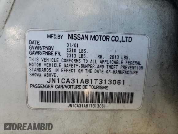 2001 Nissan Maxima SE 20th Anniversary. z VIN JN1CA31A81T313061, wystawiony jako Copart lot #72608504 z przebiegiem 200 484 mil mil oraz Szkoda całkowita • Salvage title. Historia ofert i sprzedaży dostępna na DreamBid. Obrazek 13.