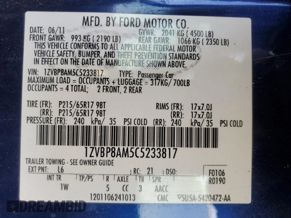 2012 Ford Mustang V6 Premium with VIN 1ZVBP8AM5C5233817, listed as a Copart auction lot 81332364 with 111,097 mi miles and Salvage Title. Bid and sale history available at carsss.com. Image 15.