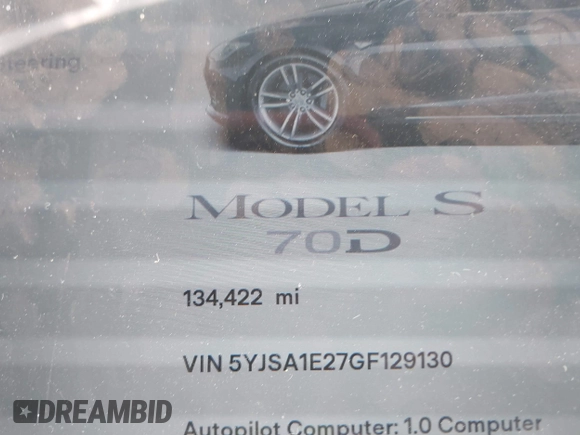 2016 Tesla Model S 90D with VIN 5YJSA1E27GF129130, listed as a IAAI auction lot 41922227 with 134,422 mi miles and . Bid and sale history available at DreamBid. Image 7.