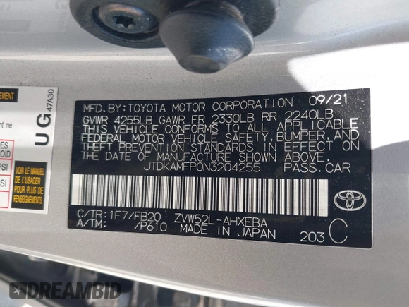 2022 Toyota Prius LE с VIN JTDKAMFP0N3204255, выставлен на аукционе IAAI как лот 42374932 с пробегом 38 552 миль миль и . История ставок и продаж доступна на DreamBid. Изображение 9.