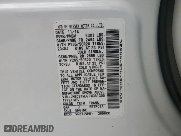 2015 Infiniti QX70 with VIN JN8CS1MU7FM381300, listed as a Copart auction lot 58246015 with 142,043 mi miles and Clean title. Bid and sale history available at DreamBid. Image 12.